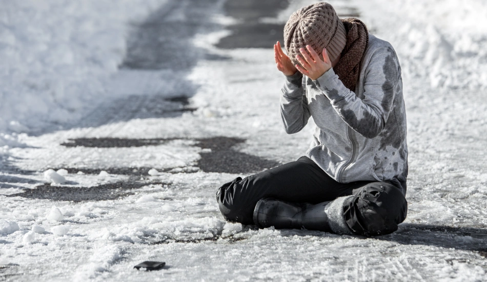 Person sitting on an icy, snow covered path holding their head after a slip and fall legal service 1 Person sitting on an icy, snow covered path holding their head after a slip and fall legal service 1
