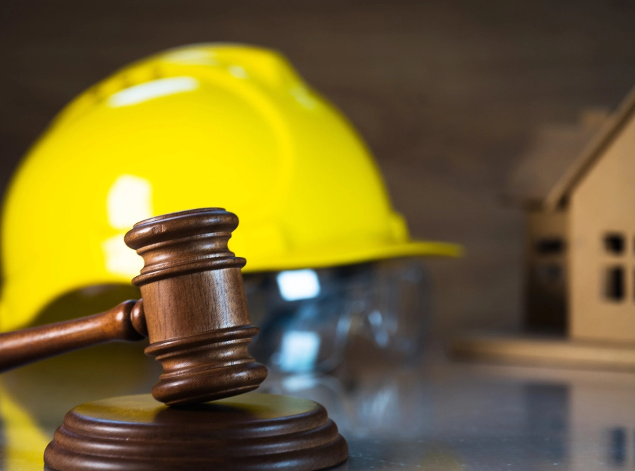A wooden gavel and sound block in the foreground with a yellow hard hat and a small wooden house in the background.